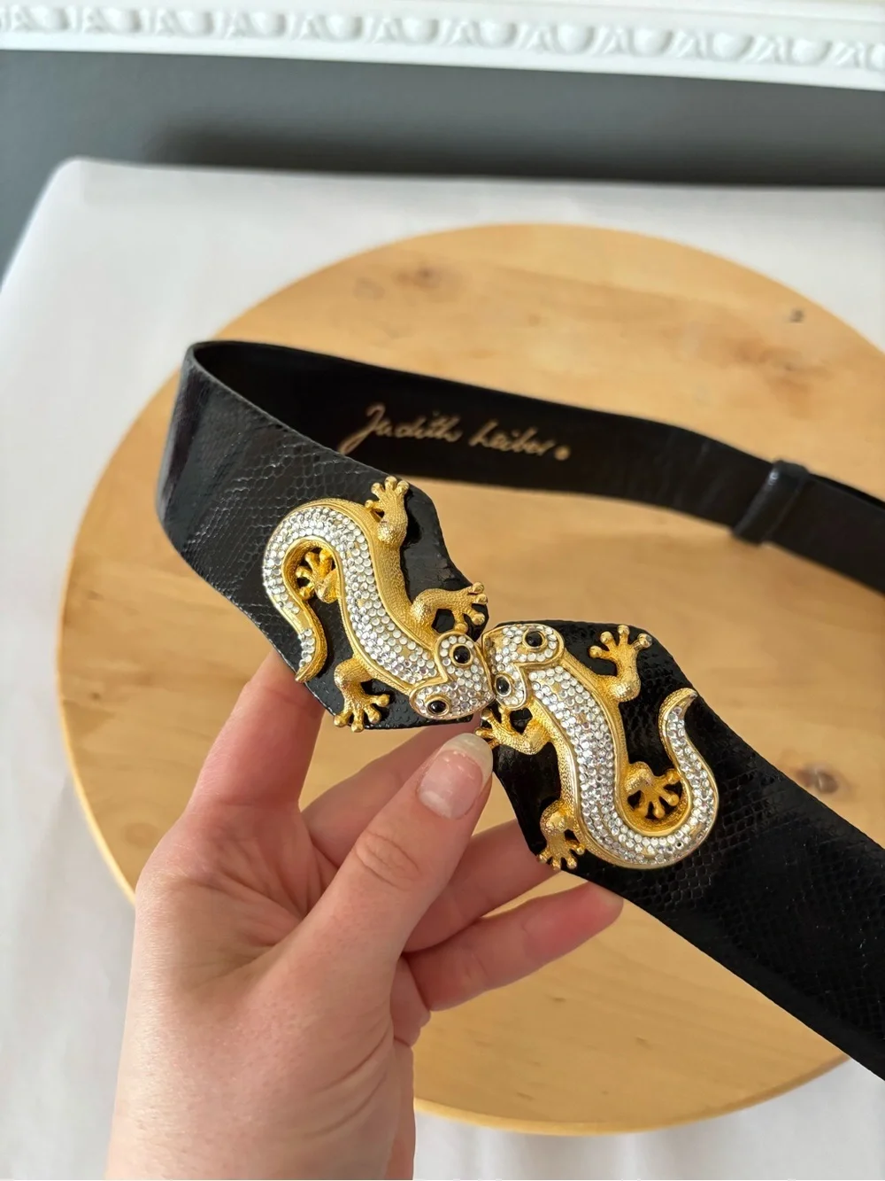 Judith Leiber Black Leather Belt with Gold Swarovski Crystal Lizard Buckle